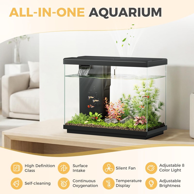EVIEUN 2.2 Gallon Small Fish Tank, Betta Fish Aquariums Black