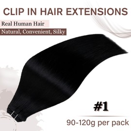 Hetto Human Hair Clip in Extensions 7pcs 120g Black Clip in Hair Extensions Real Human Hair 14 Inch #1 Natural Black