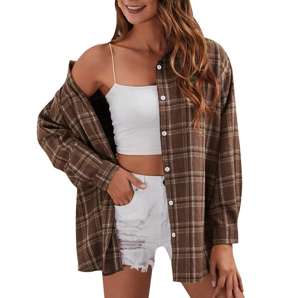Mingzhu Oversized Plaid Flannel Shirts for Women Long Sleeve Casual