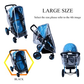 Baby Stroller Rain Cover Umbrella Weather Shield Accessories Universal Size Protect from Rain Wind Snow Dust Water Proof Ventilate Clear Food Grade Materia EVA Plastic Zipper Black (Large)