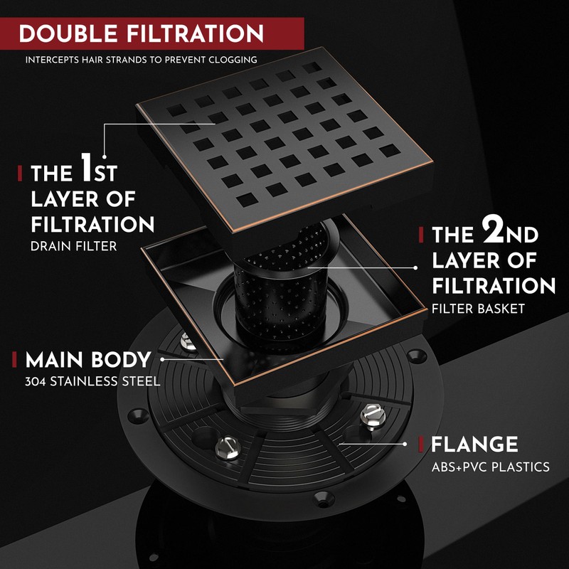 WEBANG 4 Inch Square Shower Drain Bronze Floor Drain with