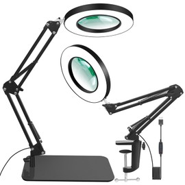 12X Magnifying glass with Light and Stand,5 Inches 2-in-1 Lighted Magnifier with Clamp 5 Color Modes and Stepless Dimmable LED Desk Lamp,Hands Free for Craft Hobby Reading Painting Sewing Close Work