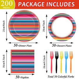 50 Guests Mexican Serape Fiesta Plates and Napkins Party Supplies Cinco De Mayo Party Decorations Disposable Tableware Set Colorful Stripe Mexico Dinnerware Favor for Poncho Dance Pinata Party, 200PCS