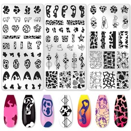 beinkmake 3Pcs Cute Cow Nail Stamping Plate Set Graffiti Spots Animal Heart ShapedStainless Steel Nail Templates Clear Silicone Nails Stamping with Stamper Scraper for Manicure Printing