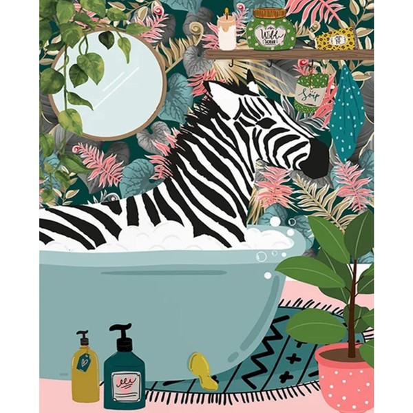 Paint by Numbers for Adults Bathroom Animal Oil Painting Kits on Canvas with Brushes and Acrylic Pigment Zebra Painting Kits Canvas Green Leaves Bathtub Jungle Funny Room Decor 16×20 Inch （Frameless）