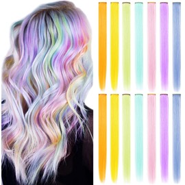 Fcysws 14PCS Colored Clip in Hair Extensions 21 Inch Heat-Resistant Synthetic Straight Multi-colored Hair Extensions for Women Girls Gift Party Wig Hairpiece (7Colored)