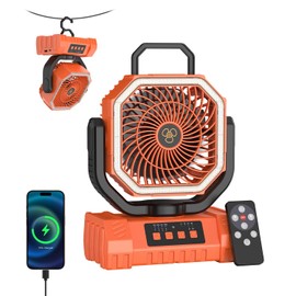 Camping Ventilator, 20000mAh Tragbarer Ventilator Akku mit LED Licht & Fernbedienung, Haken, USB Ventilator Leise Tischventilator für Outdoor Camping, Zelt, Stromausfall, Angeln, Büro (Orange)