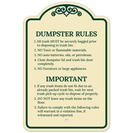 Dumpster Rules All Trash Must Be Bagged Prior to Disposing in Trash Bin Décor Sign, Green Light, 12x18 Inches, ACM, Fade Resistant, Made in USA