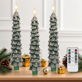 Christmas Tree Flameless Taper Candles with Remote 3 Packs, Battery Operated Real Wax LED Candlesticks with 3D Flickering Flame, Perfect for Holiday, Christmas and Home Decor, Green with Snowflake