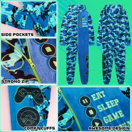 Get Trend Fleece Onesie for Boys Teens, Hooded Loungewear Warm Pyjamas, Gaming Cosy Jumpsuit Nightwear, Gamer Gifts for Boys (13-14 Years, Blue Gaming)