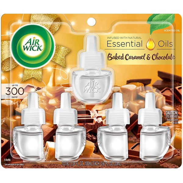 Air Wick Plug in Scented Oil 5 Refills, Baked Caramel and Chocolate, Essential Oils, Air Freshener