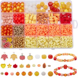 SOFPLATE 1 Box 1800Pcs+ Fall Bracelet Making Kit Thanksgiving Beads Yellow Orange Autumn Colored Polymer Clay Beads Leaf Pumpkin Maple Charms Star Round Heishi Spacers for Jewelry Making Necklace