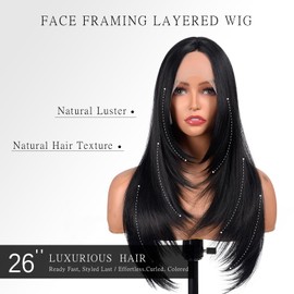 Synthetic Lace Front Wig 26 Inches Long Black Wig for Women Straight Layered Wig 13x4x1 HD Lace Pre Plucked Hairline Middle Part Synthetic Black Wigs for Daily Party Use(#1B Natural Black, 26 Inch)