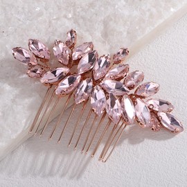Lenjicons Sparkling Pink Rhinestone Hair Comb Rose Gold Wedding Hair Accessories Handmade Rhinestone Headpiece Teardrop Rhinestones Hairpiece for Wedding Women (pink)