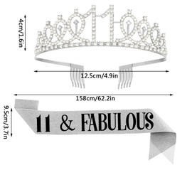 UVATAHONA 11th Birthday Sash and Tiara for Girl, 11 & Fabulous Sash and Tiara Birthday Crown, Happy 11th Birthday Gifts for Girls Kids Party Favors Supplies and Decorations, Silver
