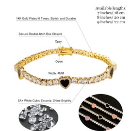 OYOGAA Heart Tennis Bracelets for Women, 14K Golden Plated 4MM Ankle Bracelets for Women, Pink Black Cubic Zirconia Heart Bracelet, Charms Matching Bracelets for Couples (Golden Black, 8 inch)