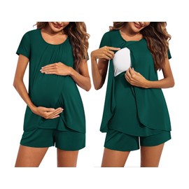 Ekouaer Women's Maternity Nursing Pajamas Set Breastfeeding Sleepwear Double Layer Short Sleeve Top & Shorts Nursing Pjs Green L
