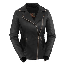 True Element Womens Premium Braided Motorcycle Leather Jacket (Black, Size 2XL)