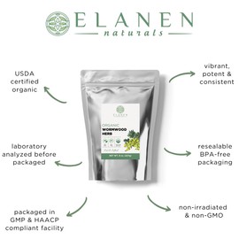 Elanen Naturals Organic Wormwood Herb 8 oz. (227g), USDA Certified Organic Artemisia absinthium, Wormwood Herb Tea, Worm Wood, Ajenjo, Cut & Sifted