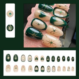 Short Oval Shape Press on Nails Vintage Green Fake Nails with Blue Rhinestone Charm Glue on Nails Design False Nails Acrylic Glossy Press Ons Nails Artificial Stick on Nails for Women 24 Pcs