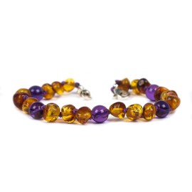 Baby J's - Cognac and Amethyst Coloured Bracelet/Anklet - Sizes 12-18cm - Premium Amber Bracelet - Handcrafted with 100% Baltic Amber - Fitted with a Safety Screw Clasp - Knotted to Prevent Scattering