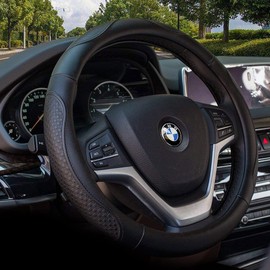 Valleycomfy Leather Steering Wheel Covers Universal 15 inch -Breathable, Anti Slip & Odor Free (Black with Black Lines,M(14" 1/2-15" 1/4))