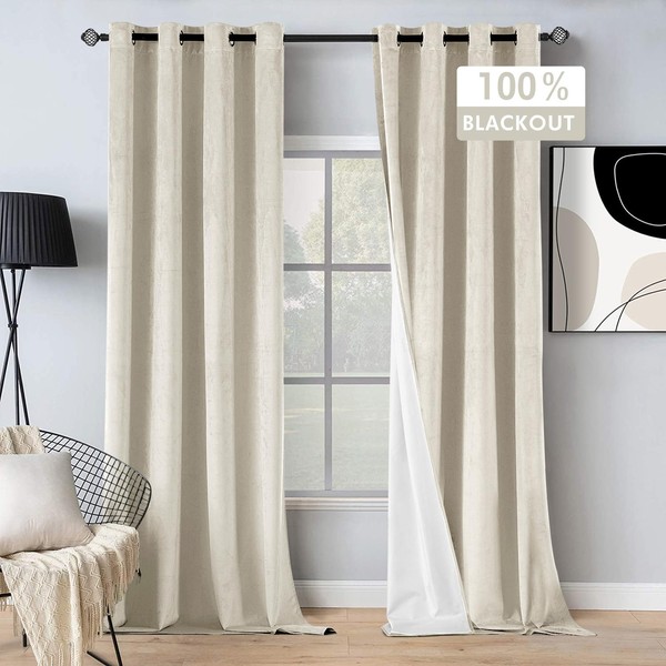 MIULEE 100% Blackout Velvet Curtains 84 Inches Long Ivory White Black Out Curtain for Bedroom Windows Living Room Darkening Thermal Insulated Grommet Cream Drapes for Light Blocking Set of 2