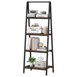Homeiju Ladder Shelf, 4-Tier Leaning Ladder Bookshelf, Rustic and Wood Ladder Shelf Bookcase, Industrial Ladder Shelf Storage Rack for Home Office, Bedroom, Bathroom or Kitchen