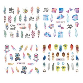 12 Sheets Nail Water Transfer Decals, Nail Art Stickers for Women, Holographic Various Styles Feather Wind Chimes Heart Nail Designs Supplies, Acrylic Nails Decorations DIY Resin Nail Decal Tattoos Set