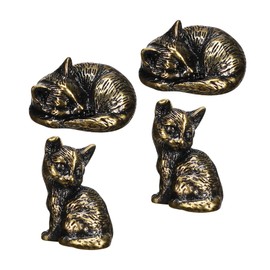 Generic 4pcs Mini Brass Cat Statues Charming Feng Shui Animal Figurines Brass Decor for Home Office Vintage Luck Symbol Cat Sculptures