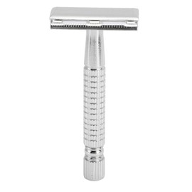 Long Handle Double Sided Shaving Tool Premium Metal Vintage Safety with Refill Blades Stand Cleaning Brush for Men Home Travel Grooming (Silver)