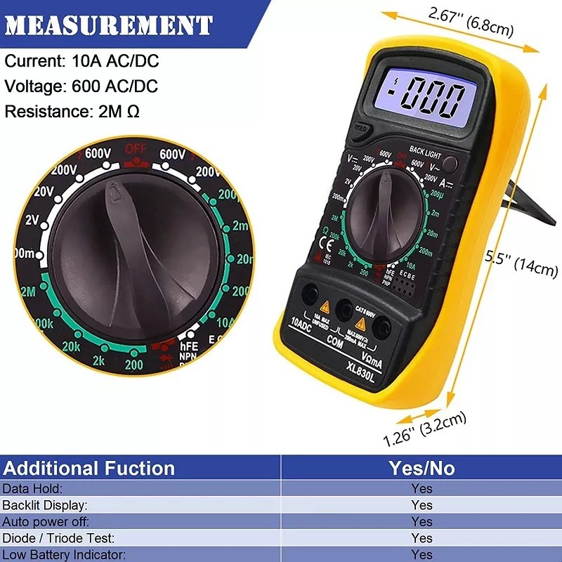 Zakulu Multimetro Digital Lcd Voltimetro Amperimetro Ac/dc Xl830l