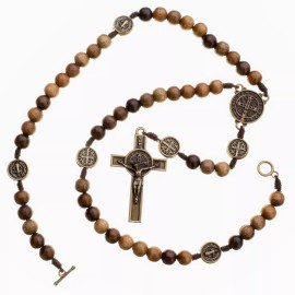 16" Brown Wood Rosary Beads Catholic St Saint Benedict Necklace Boys Women Cord