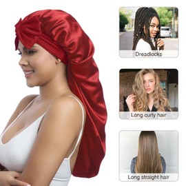 Coubeau Long Satin Silk Hood for Sleeping for Women - Hair Cap for the Night for Women Long Curls Hair Bonnet Sleep Cap Silk Hood Hair, burgundy