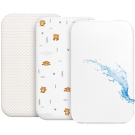 2 x fitted sheets made of 100% cotton with elastic band, 1 x mattress protector made of 100% waterproof material, set of 3, 55 x 90 cm, teddy bear