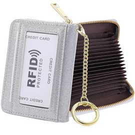 RFID Blocking Credit Card Holder, 20 Card Slots Large Capacity Accordion Card Wallet, Leather Card Case with Removable Keychain and ID Window - Shiny,Silver