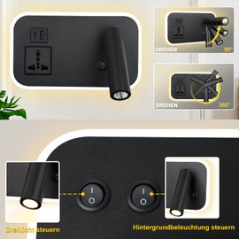 uksunvi LED Reading Wall lamp with Universal Socket, USB Type-C Dual Adjustable Charging Port Switch 12W Rotating Wall lamp with Three Color dimming (Black Rectangle)