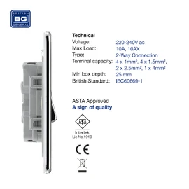 BG Electrical FPC42 Screwless Flat Plate Double Light Switch, Polished Chrome, 2-Way, 10AX