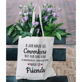 Zeghk Friend Gifts Canvas Tote Bag, Beach Bag A Job Made Us Coworkers But Our Sarcasm Coworker Leaving Gift-Funny Birthday, Friendship, Going Away Gifts for Friends, Coworker, Work Bestie, White