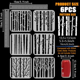 FINGERINSPIRE 6PCS Tree Trunk Stencils for Painting with Brush 5.9x5.9inch Reusable Birch Bamboo Branch Template Hollowed Flying Birds Stencil Plastic PET Plant Theme Template for Wall Decoration