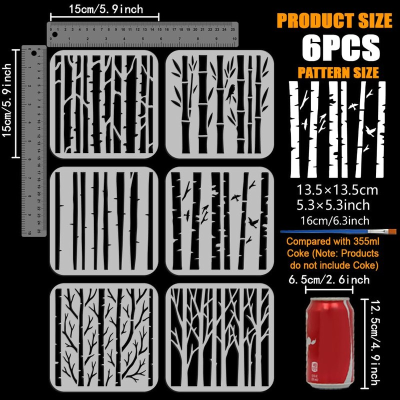 FINGERINSPIRE 6PCS Tree Trunk Stencils for Painting with Brush 5.9x5.9inch