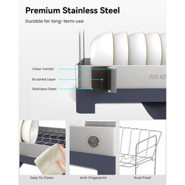 ParKoo Dish Drying Rack, X-Large 2 Tier Dish Rack for Kitchen Counter, Stainless Steel Dish Drainer with Rotatable Spout, Multifunctional Large Bowl Rack with Utensil Holder & Cup Holder
