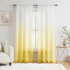 Ombre Chiffon Sheer Curtains Yellow for Living Room Decor, Gradient Light Filtering Window Curtain Panels for Girls Bedroom, Crinkle Semi Sheer Drapes for Garden, Yard Decor, Rod Pocket, 42"Wx63"L