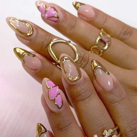 Flower Press on Nails French Tip Fake Nails with 3D Gold Design Butterfly Glue on Nails Artificial Acrylic Nails Pink Flower Design Butterfly False Nails Pearl Charms Stick on Nails for Women 24Pcs