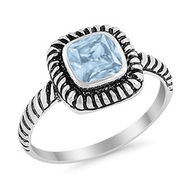 Bezel Solitaire Twisted Cable Oxidized Design Fashion Ring Princess Cut Simulated Aquamarine 925 Sterling Silver