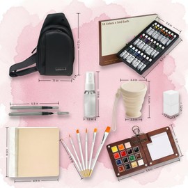 Mini Watercolor Paint Set - 15-Well Walnut Wood Palette, Assorted Paints, 100% Cotton Sketchbook, Crossbody Bag, Paint Water Cup, Water Brush & Paint Brush, Ideal for Artists & Beginners
