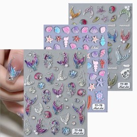 3 Sheets Ocean Nail Stickers Laser Pearl Fish Tail Nail Designs Aurora Mermaid Nail Decals Self-Adhesive Colorful Fish Tail Pink Purple Shell Nails Supplies for Women DIY Manicure