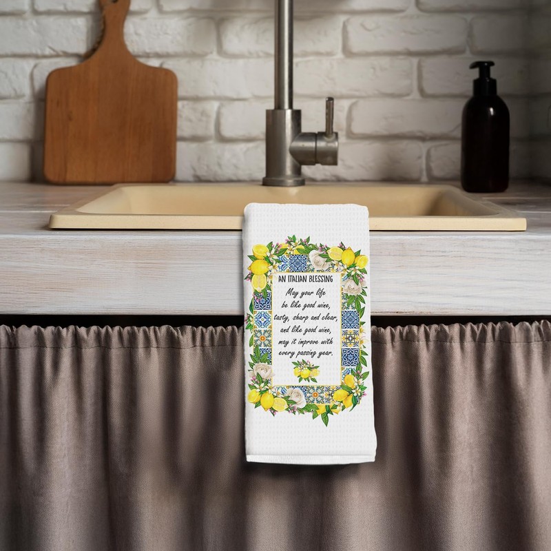 Elefeltclave Italian Blessing Lemon Kitchen Towels, Italian Floral Lemon Dish