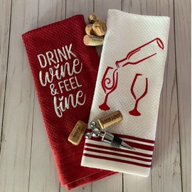 Kitchen Wine Kitchen Towels Drink Wine & Feel Fine Red White Embroidered TinksTreasurez