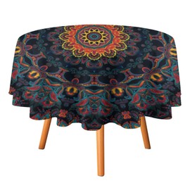 SHElifestyle Vintage Boho Floral Tablecloth, Retro Watercolor Ethnic Mandala Round Table Cover Colorful Indian Abstract Geometric Tabletop Water Resistant Tablecloths for Kitchen Dinning Room 36"